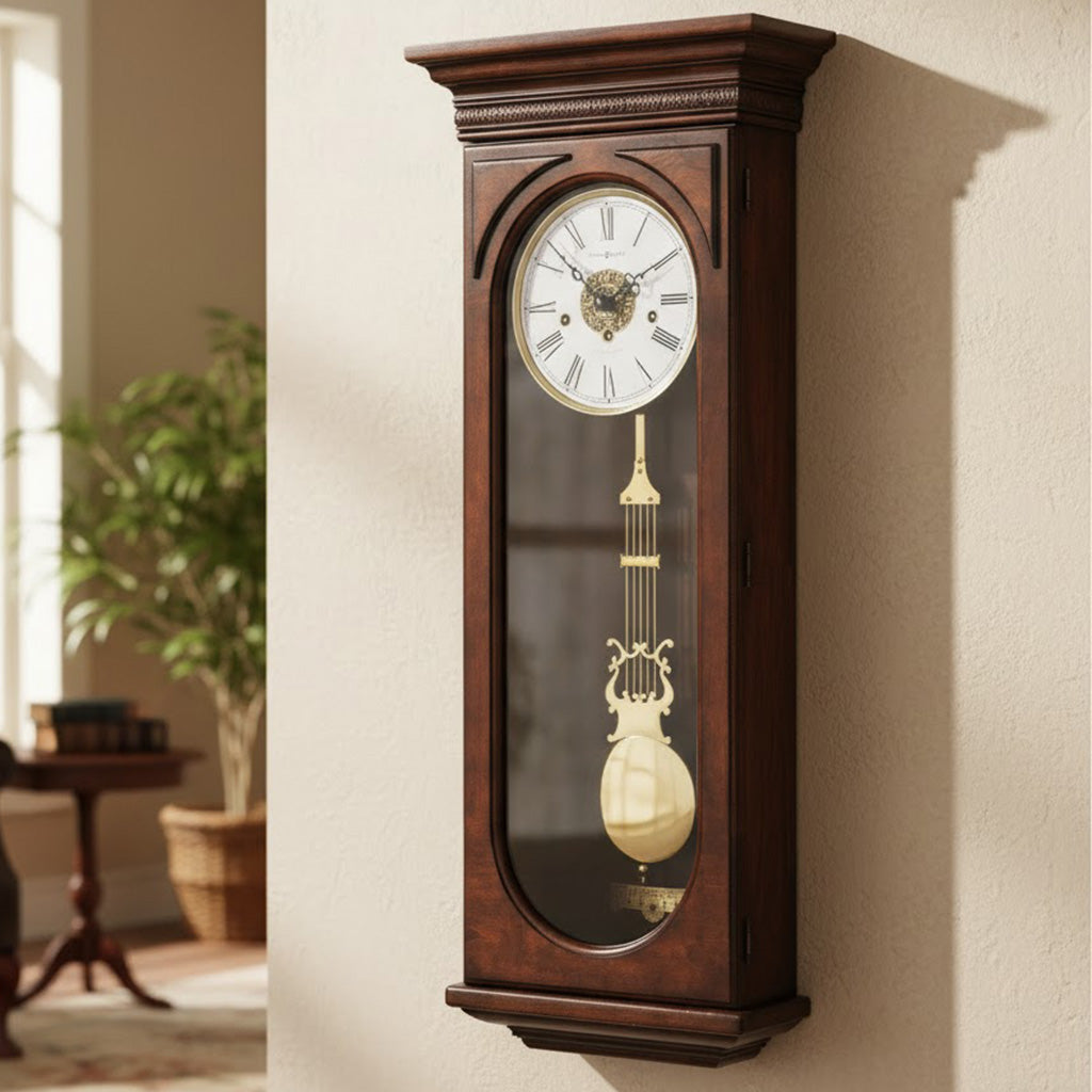 Elegant wall clock with a wooden brown frame, white clock face, and pendulum detail for classic decor.