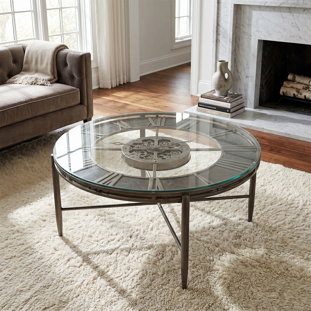 Round glass clock coffee table in a living room with a couch and fireplace.