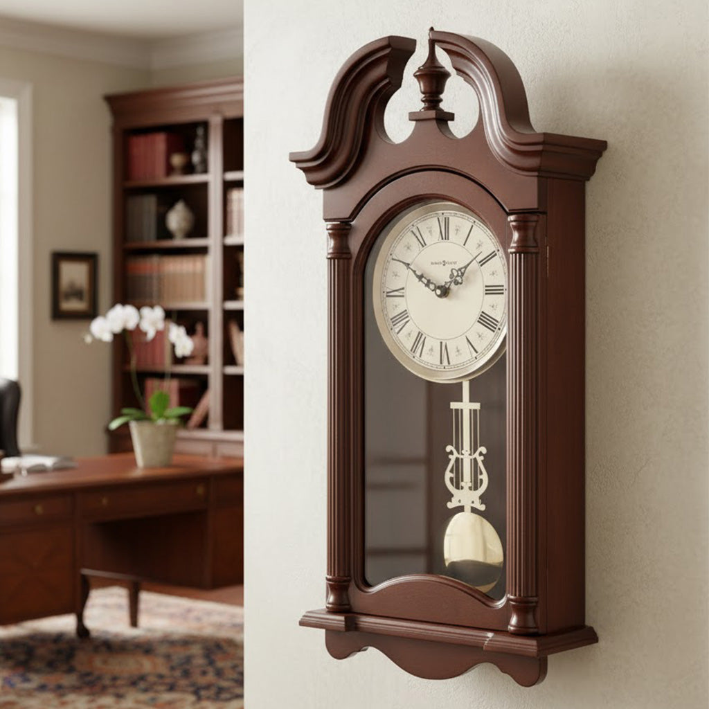 Elegant wall clock in dark mahogany wood with pendulum and Roman numerals for classic decor.