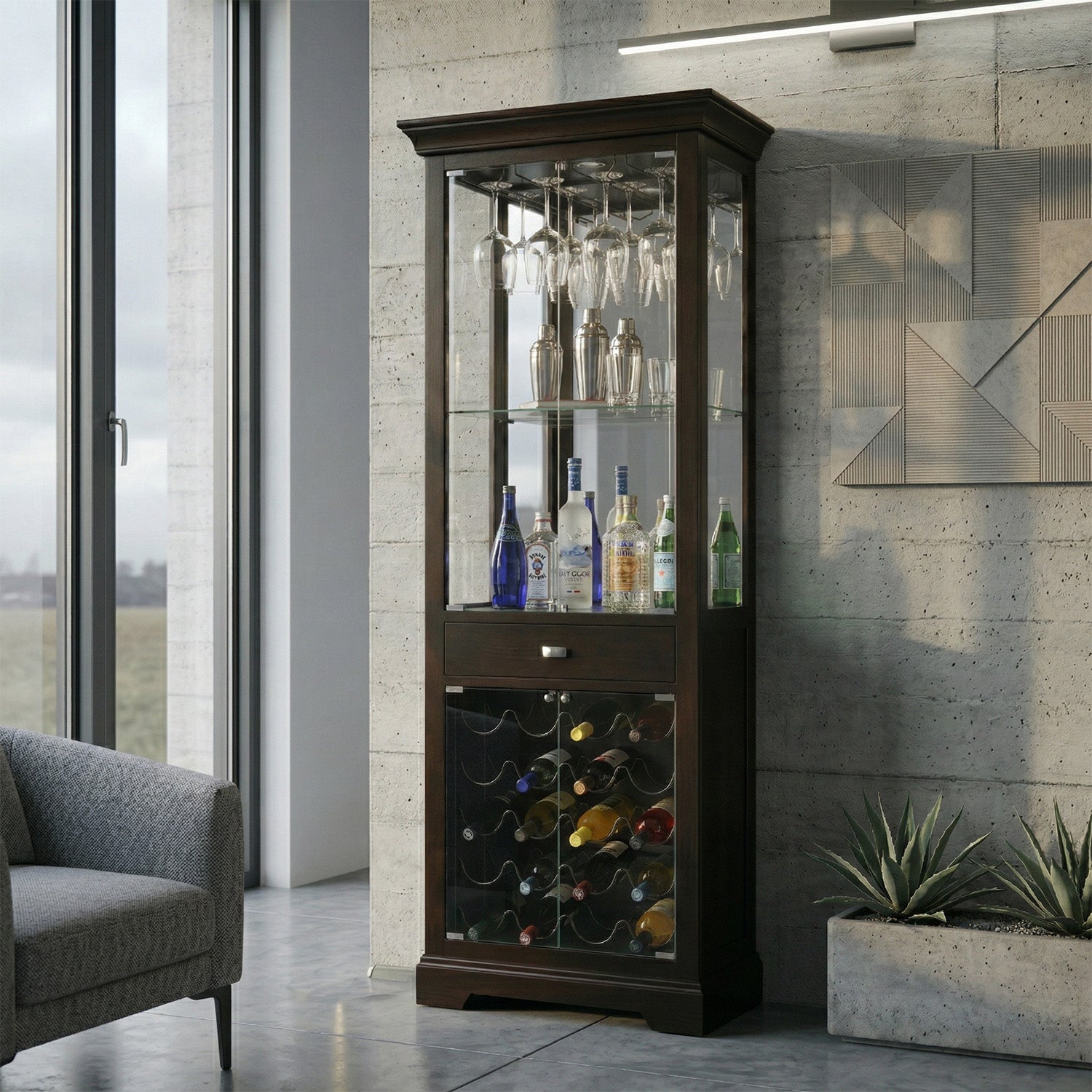 Tall dark wood bar cabinet with glass doors displaying bottles and glasses in a modern living room.