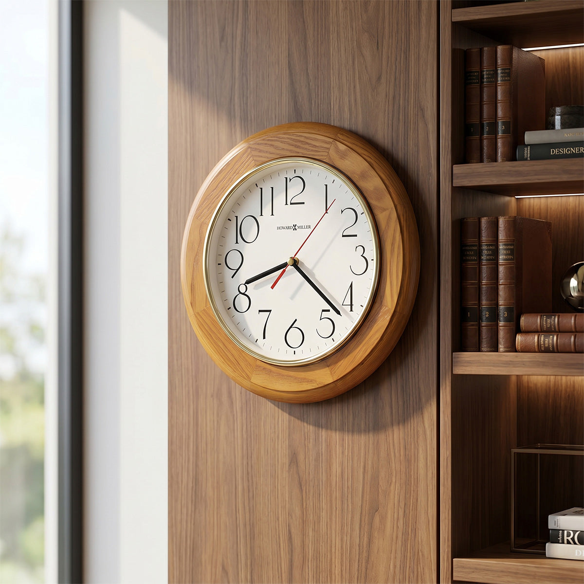 Wooden wall clock on a wooden wall next to a bookshelf.