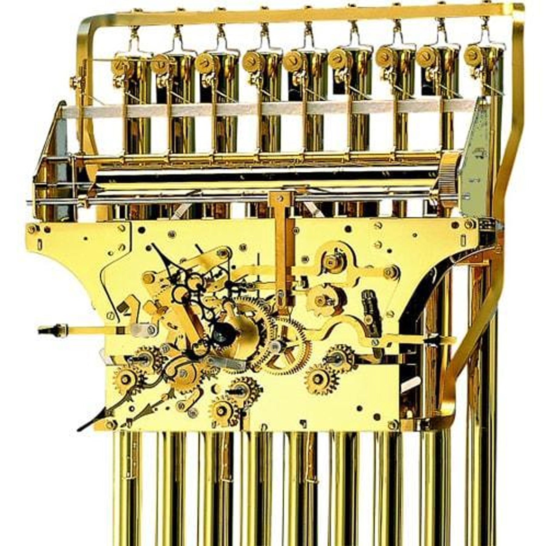 Intricate gold-colored mechanical music box with gears and pipes, perfect for collectors and decor.