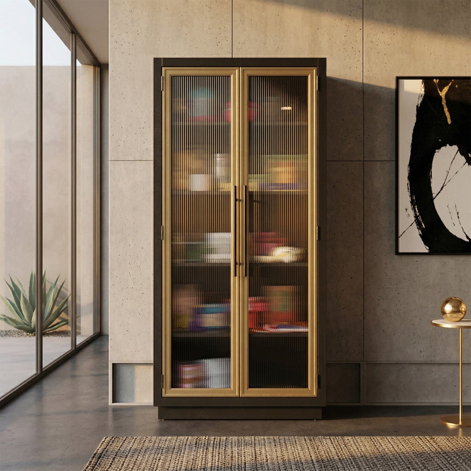 Modern interior with a glass cabinet and decorative elements.
