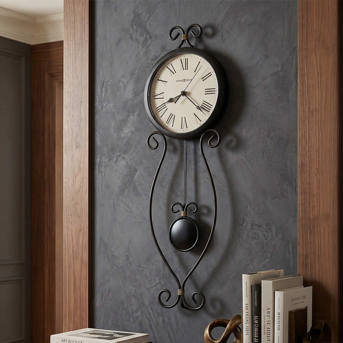 Decorative wall clock with pendulum on a wall