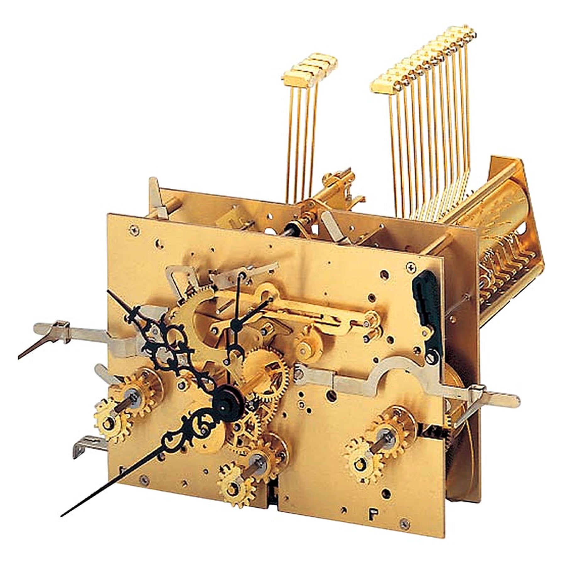 Intricate brass clock movement mechanism with gears and hands, ideal for vintage timepiece restoration.