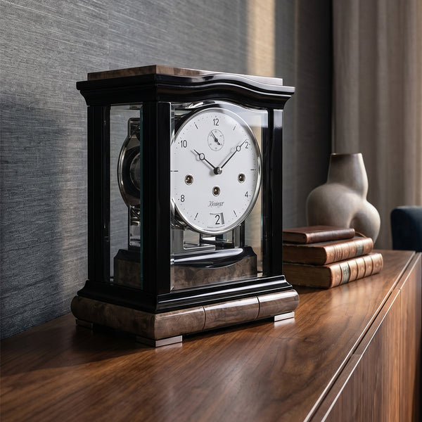 Kieninger Black Satin Mantel Clock with Gray Burl Accents