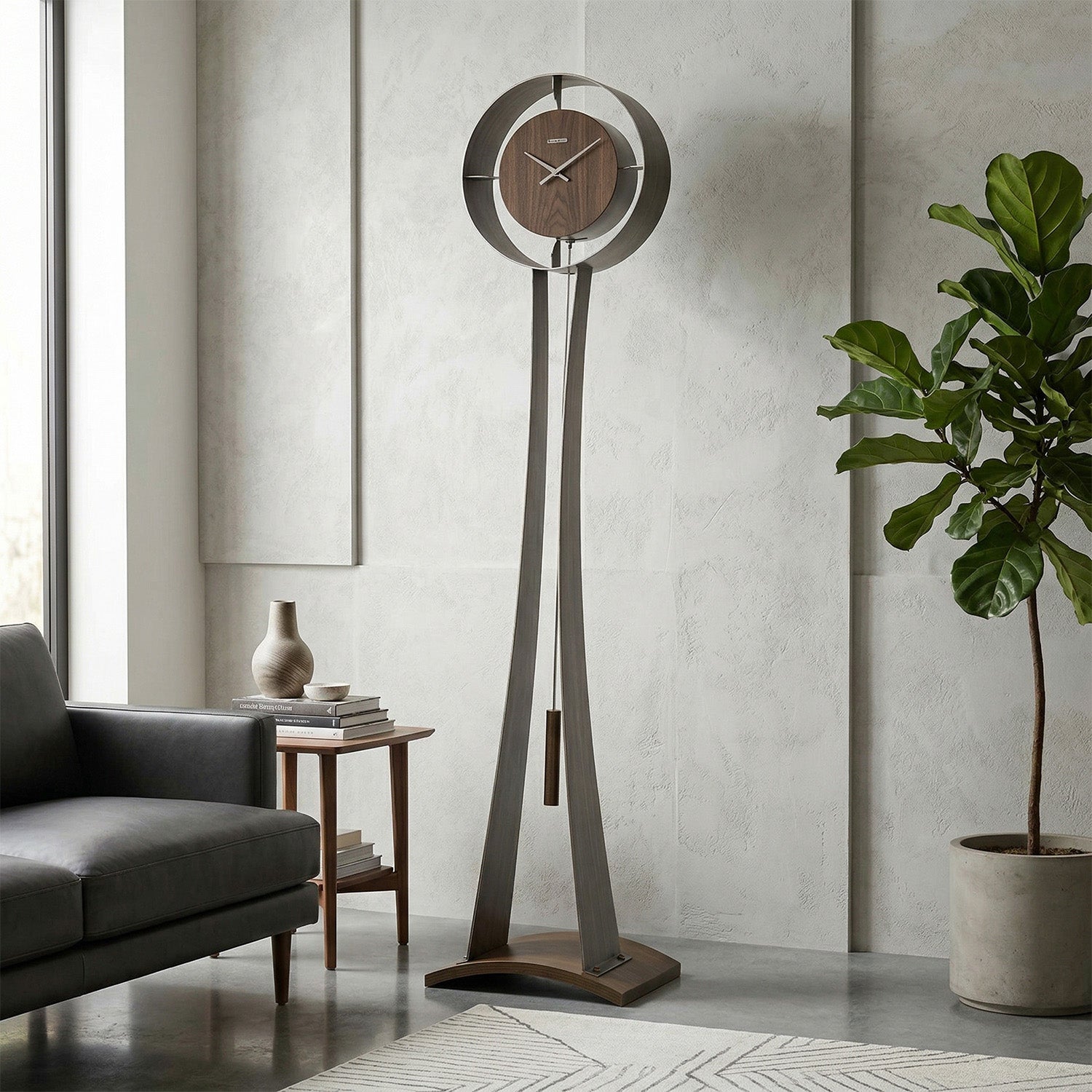 Stylish modern floor clock with a round face and sleek design in a modern room