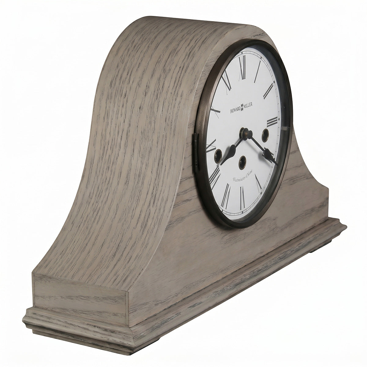Wooden clock with white face and black hands on a white background