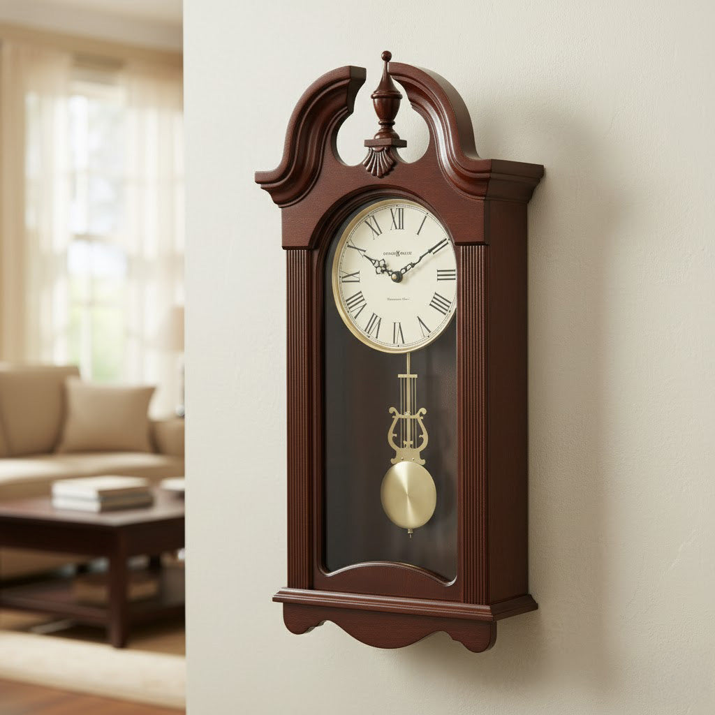 Traditional wall clock in mahogany finish, featuring Roman numerals and pendulum detail.