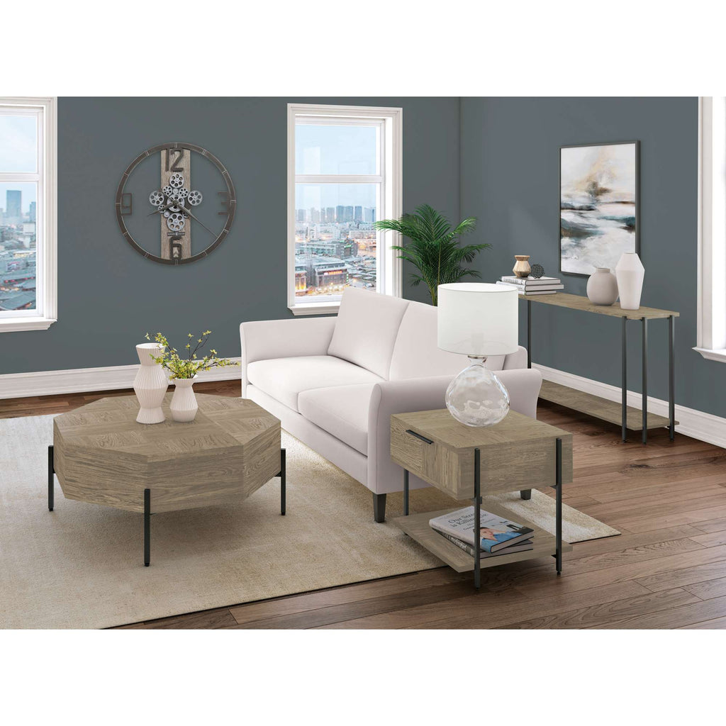 Modern living room with a sofa, coffee table, and decorative accents.