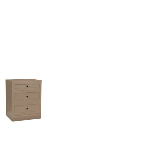 A light-colored wooden nightstand with three drawers