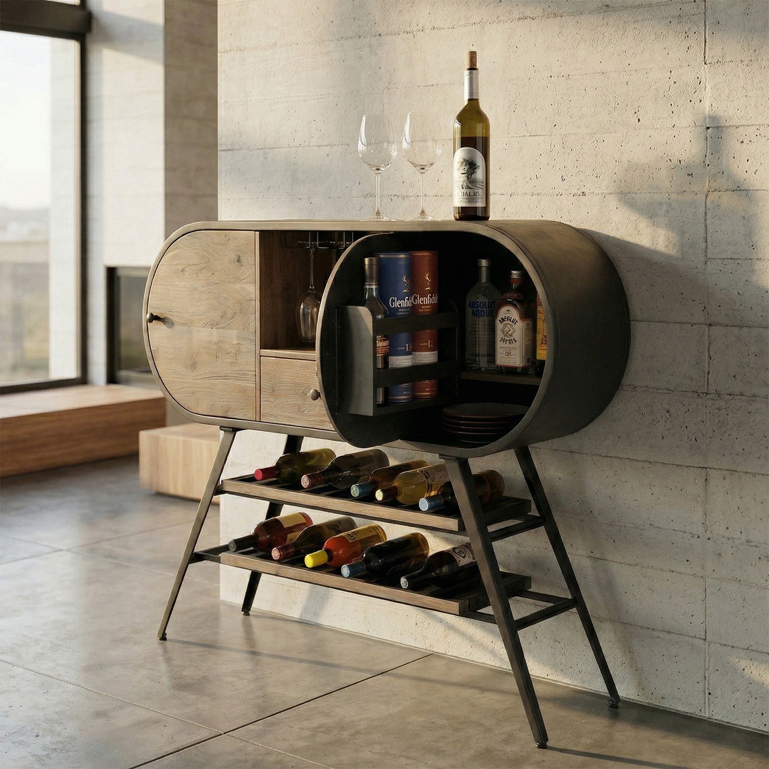 Modern bar cabinet with wine bottles and glasses in a stylish room.