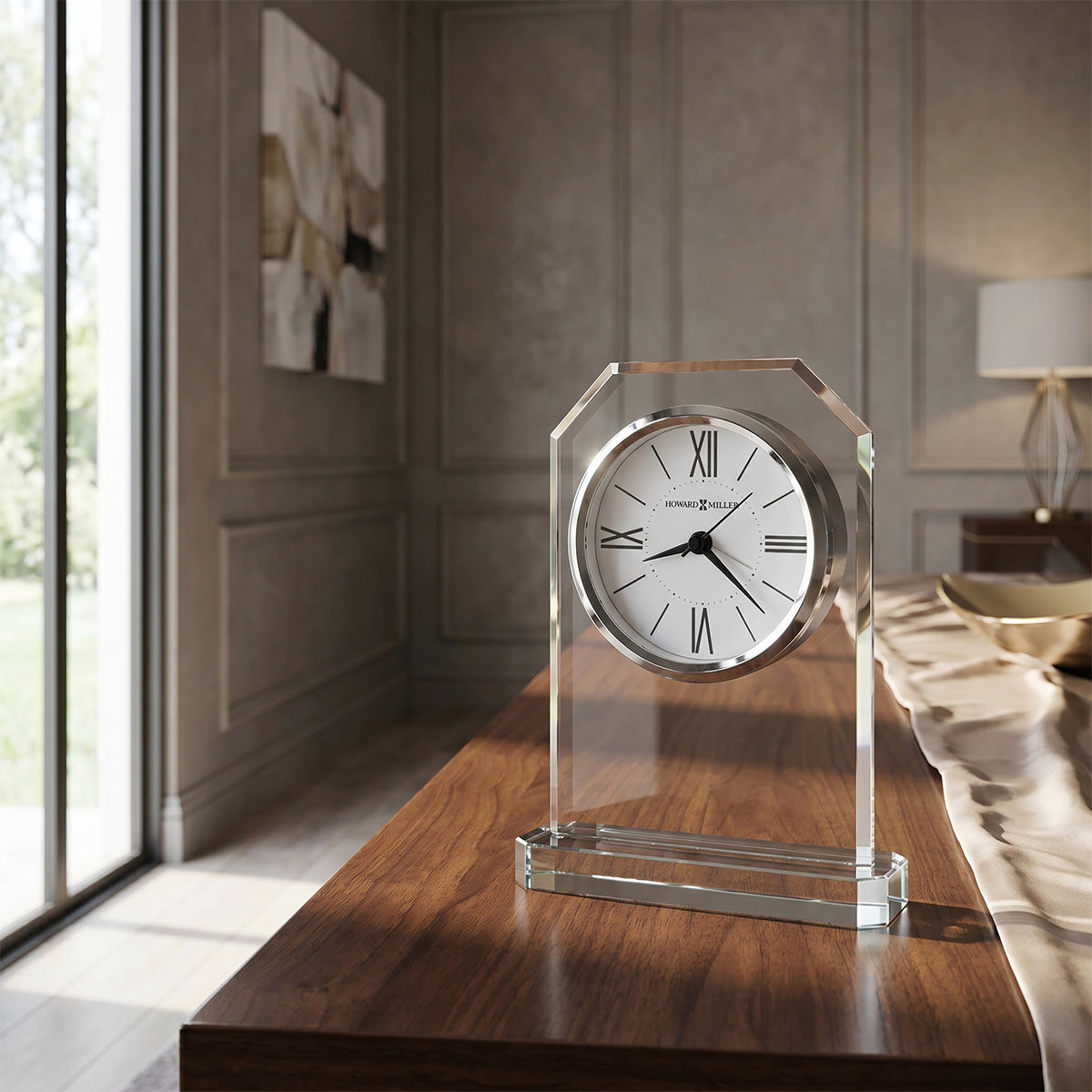 Decorative clock on a wooden sofa table in a living room.