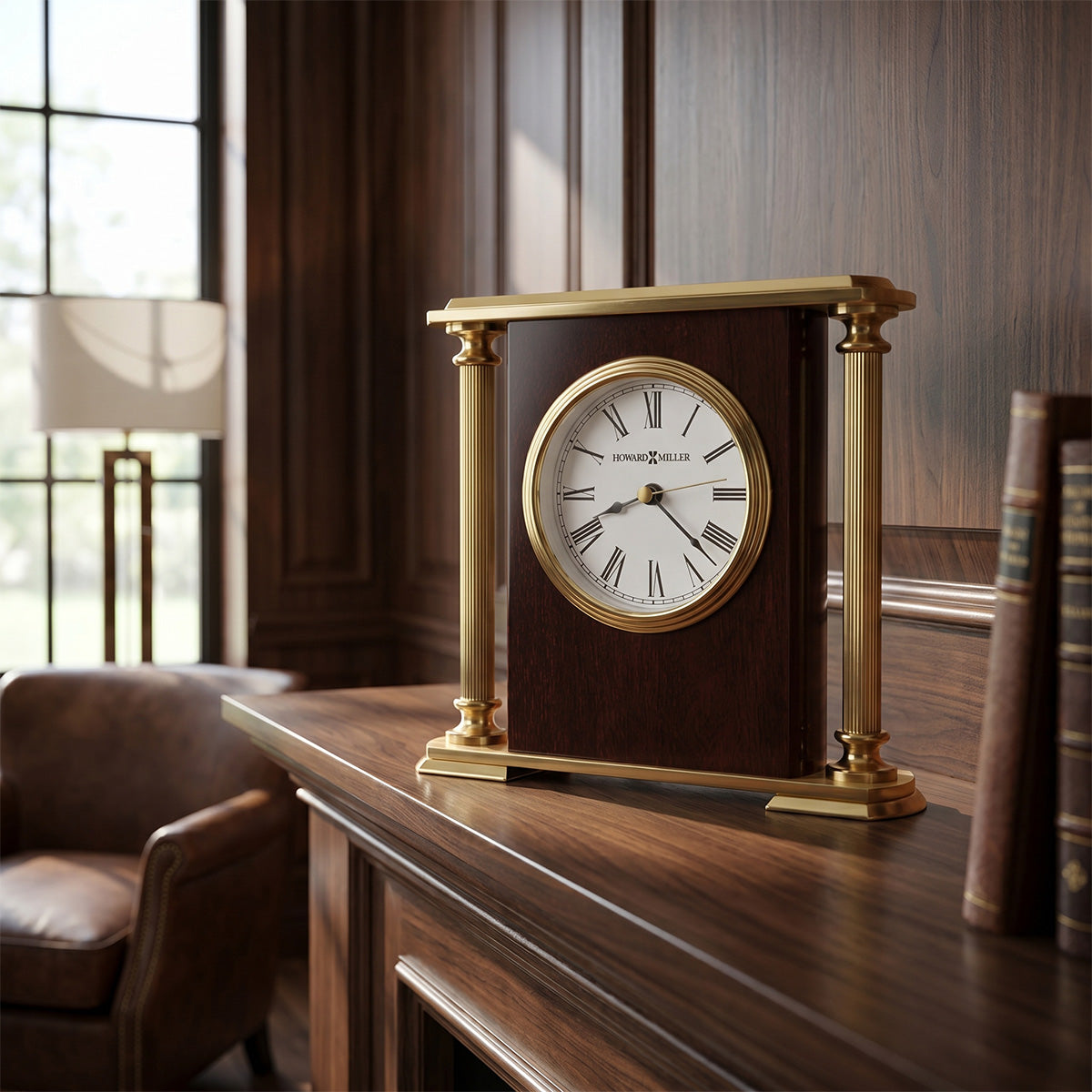 Decorative clock on a wooden surface with a blurred background