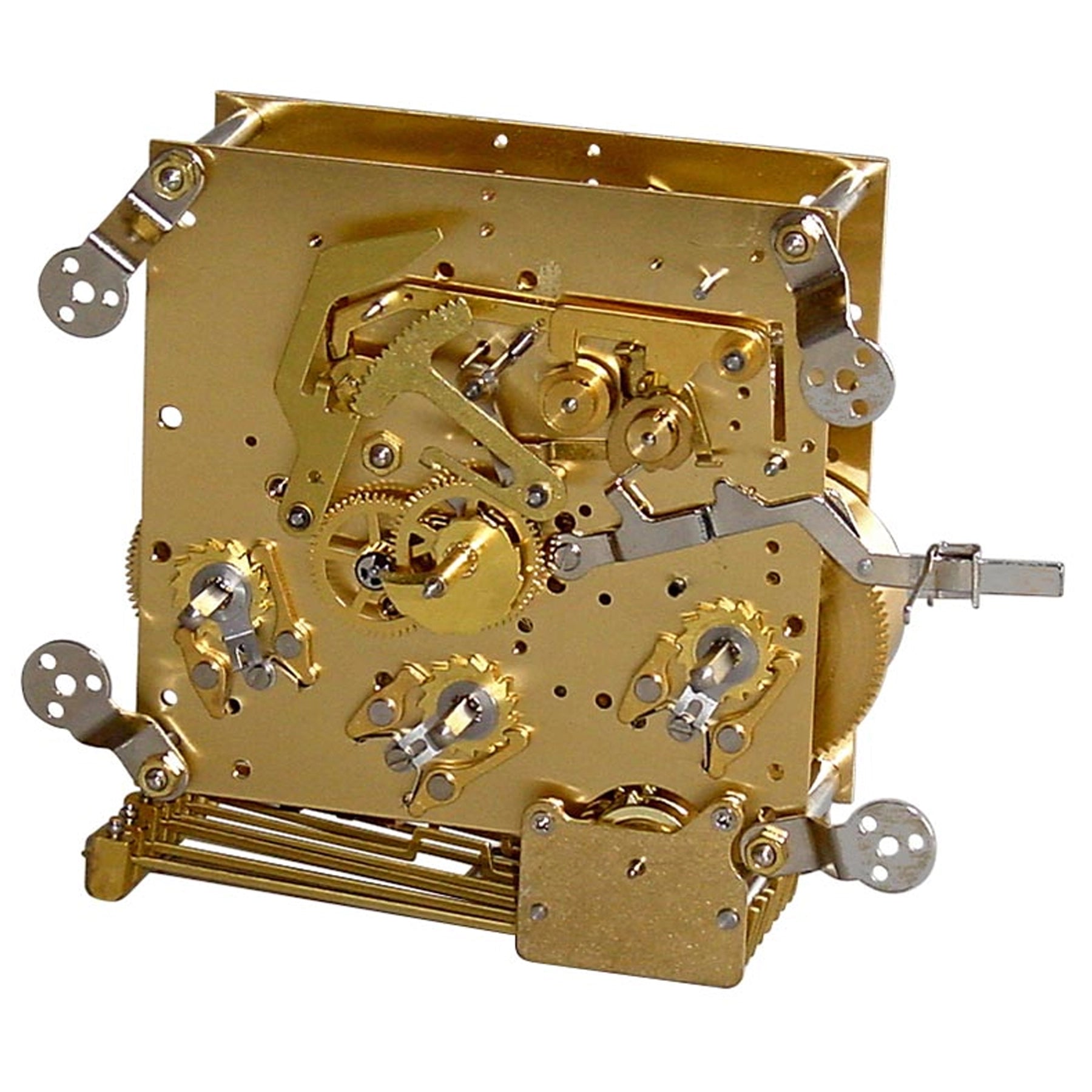 Golden clock movement mechanism with intricate gears and levers for DIY clock projects.