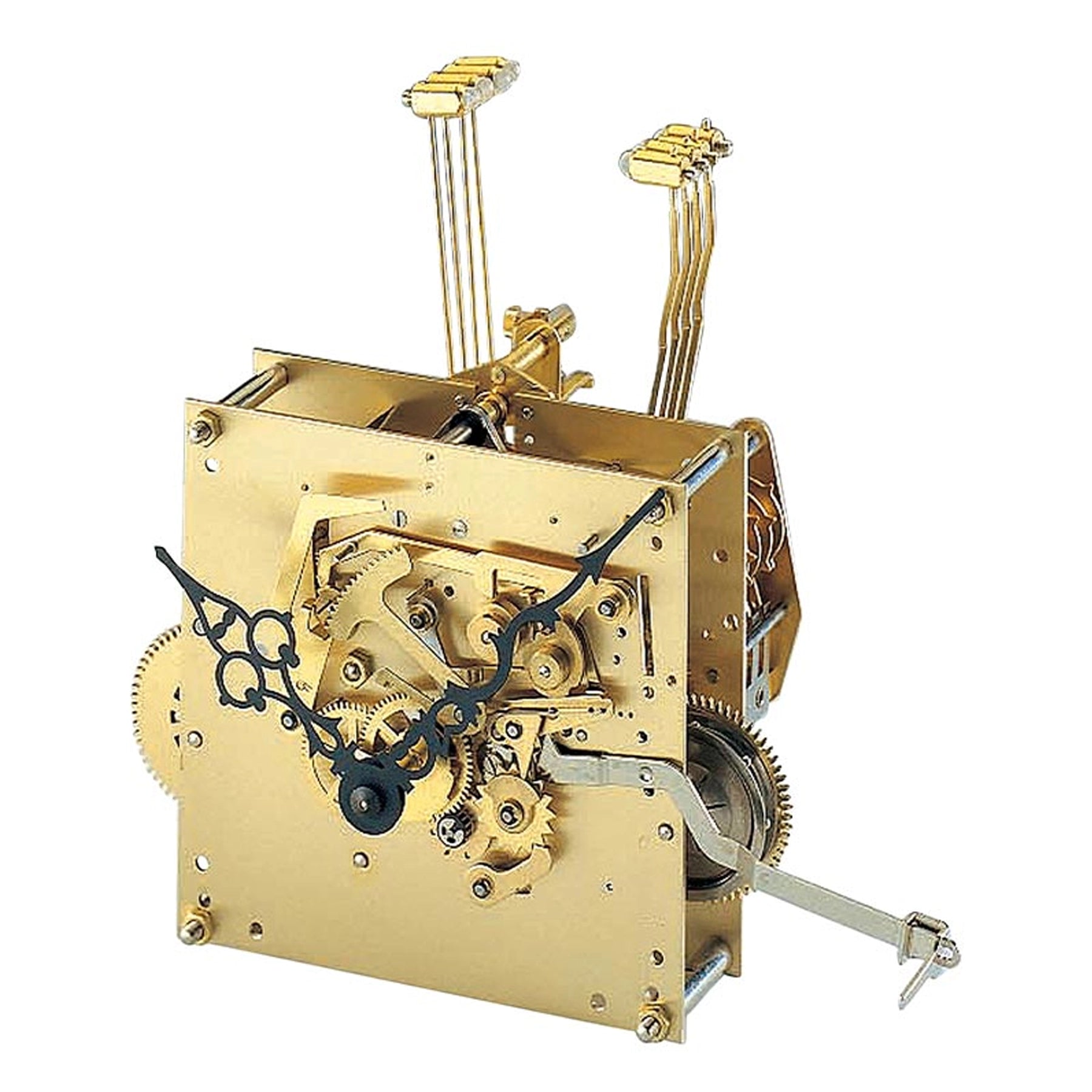 Intricate gold clock movement mechanism with black clock hands and gears for vintage timepieces.