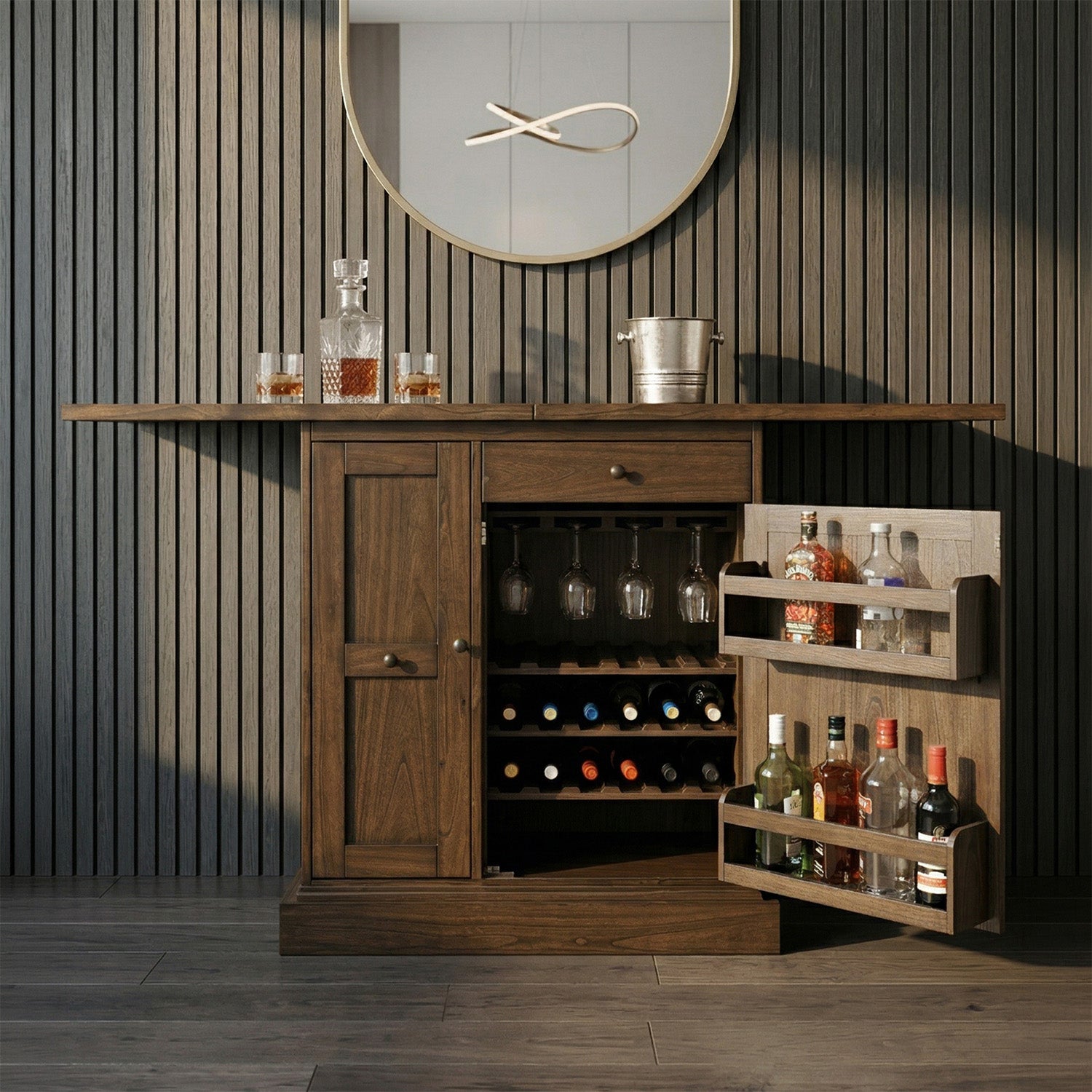 Wooden bar cabinet with open doors displaying bottles and glasses against a wooden paneled wall.