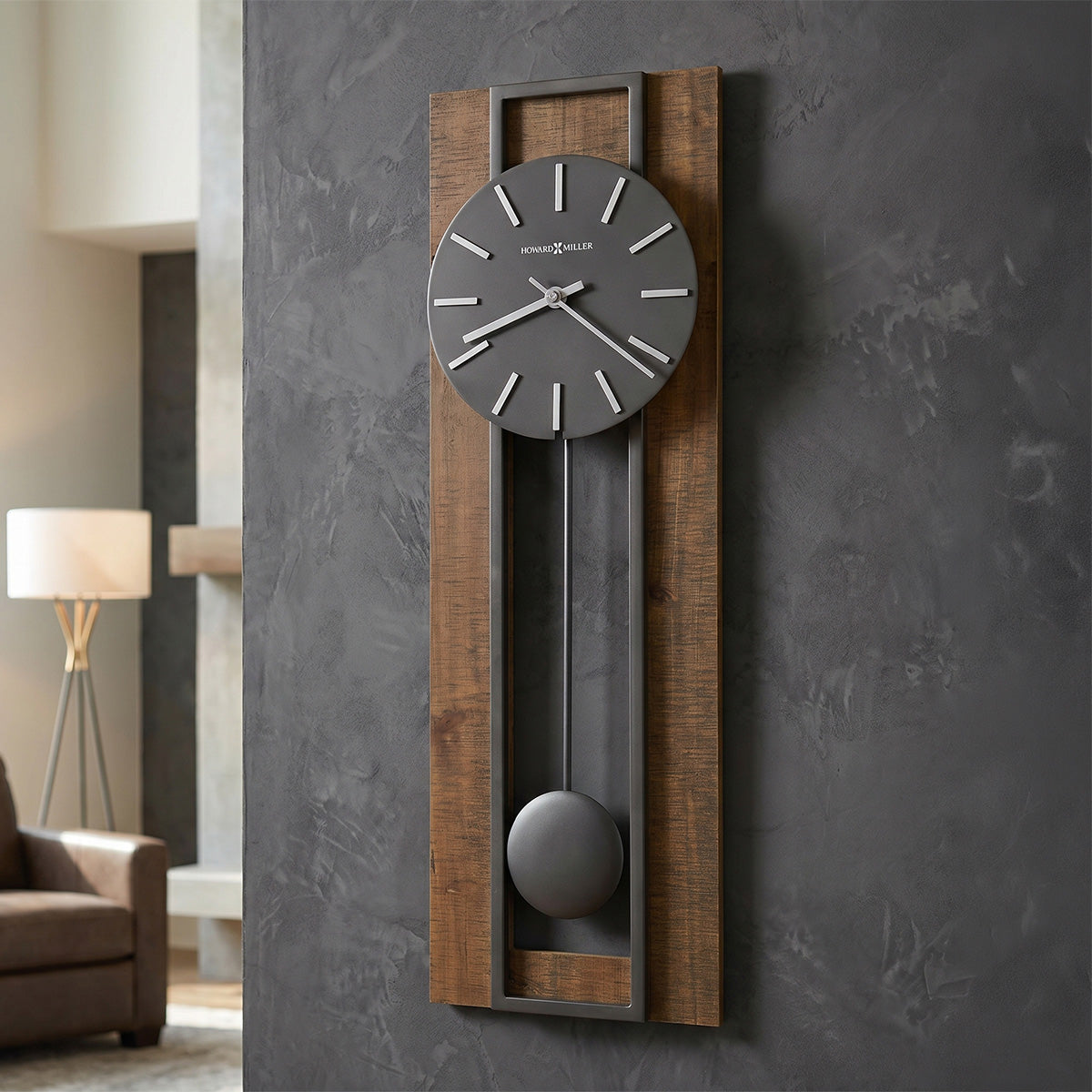 Modern wall clock with a wooden frame and pendulum on a black wall