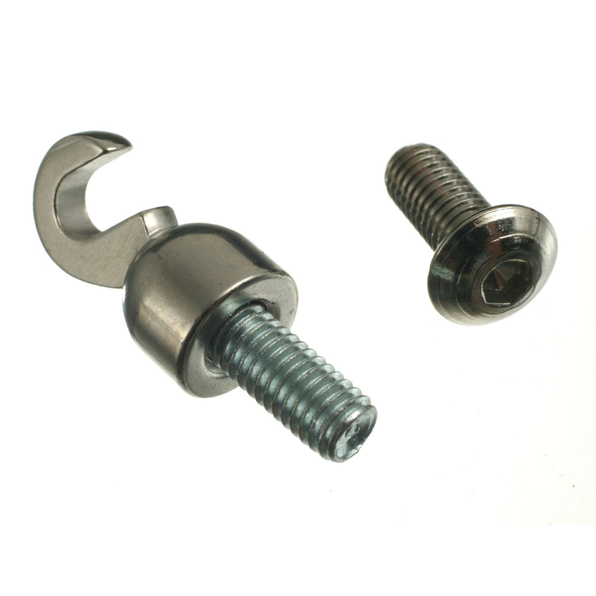 Metal hook and screw fasteners on a white background