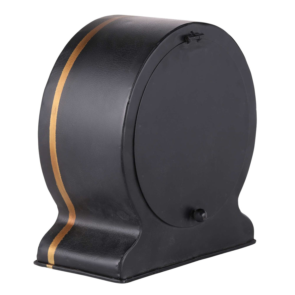 A black storage box with a gold stripe design.