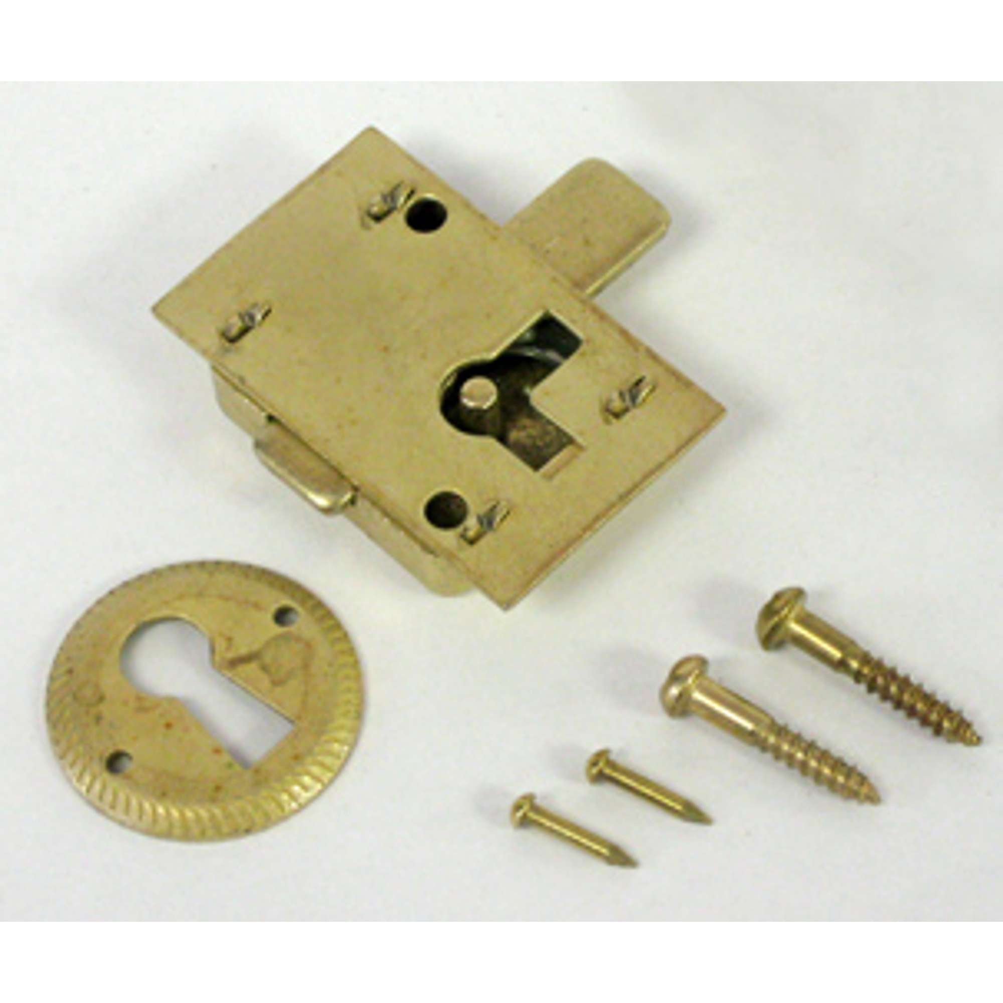 Brass lock mechanism with screws and keyhole plate