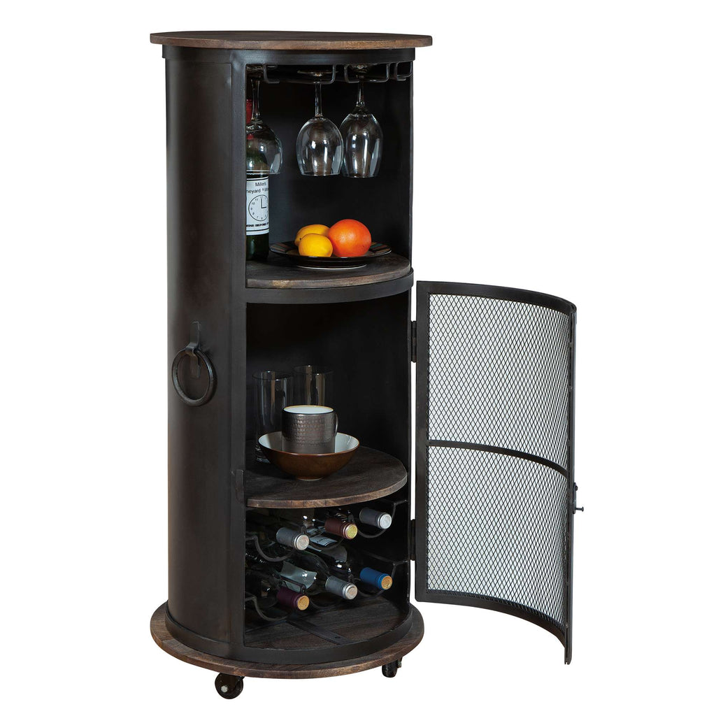 Metallic round bar cabinet with glass holders, shelves, and a mesh door.