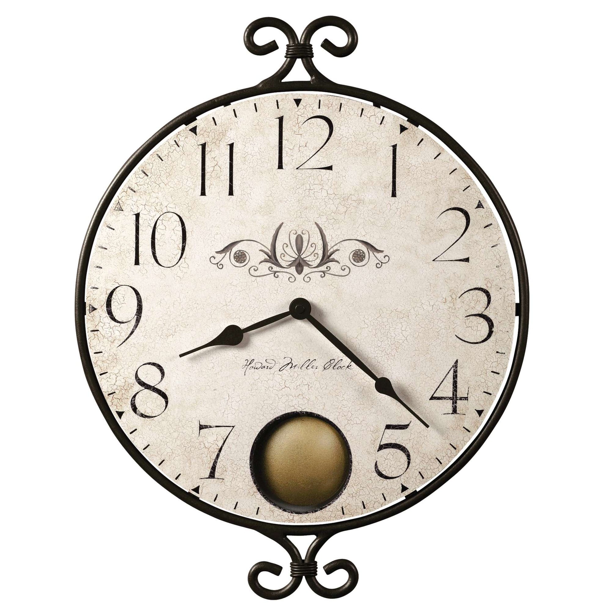 Vintage wall clock with ornate design and a circular shape.