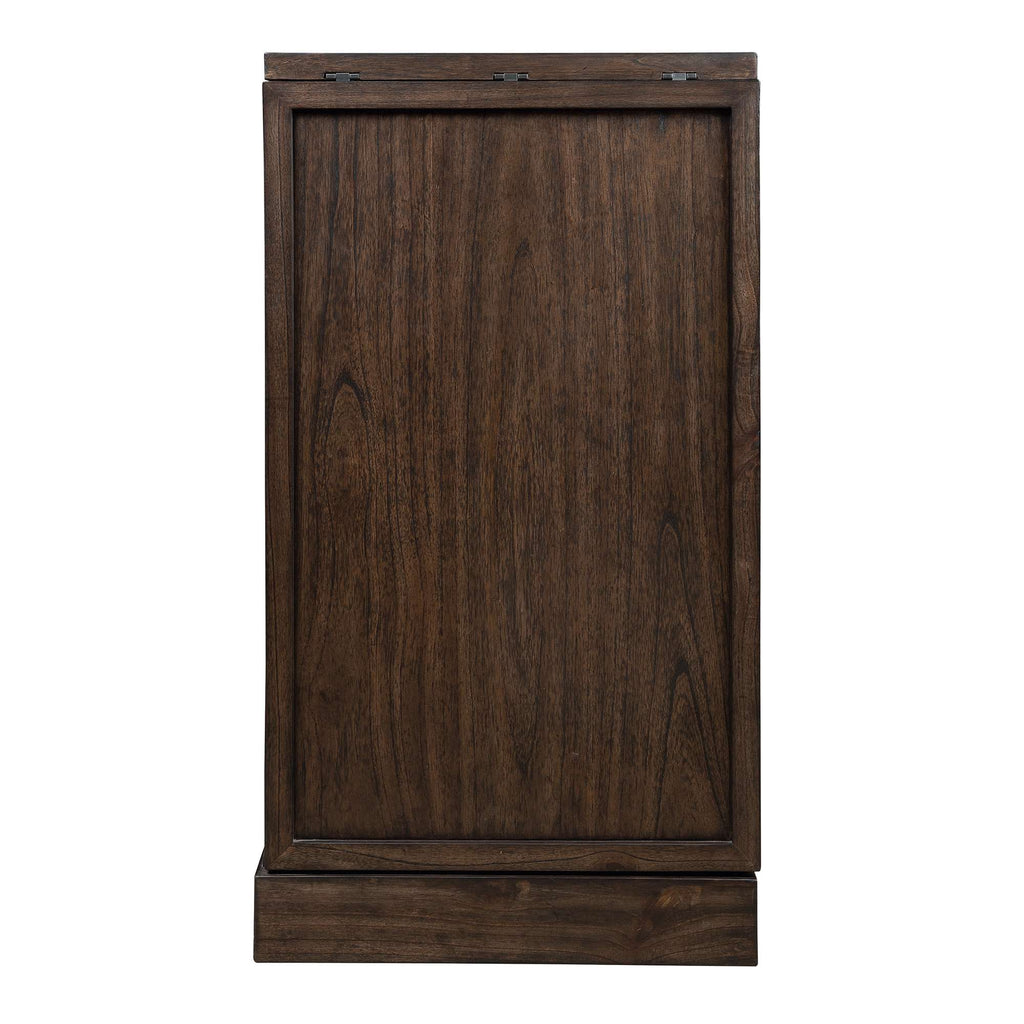 A dark wood cabinet with a flat front panel.