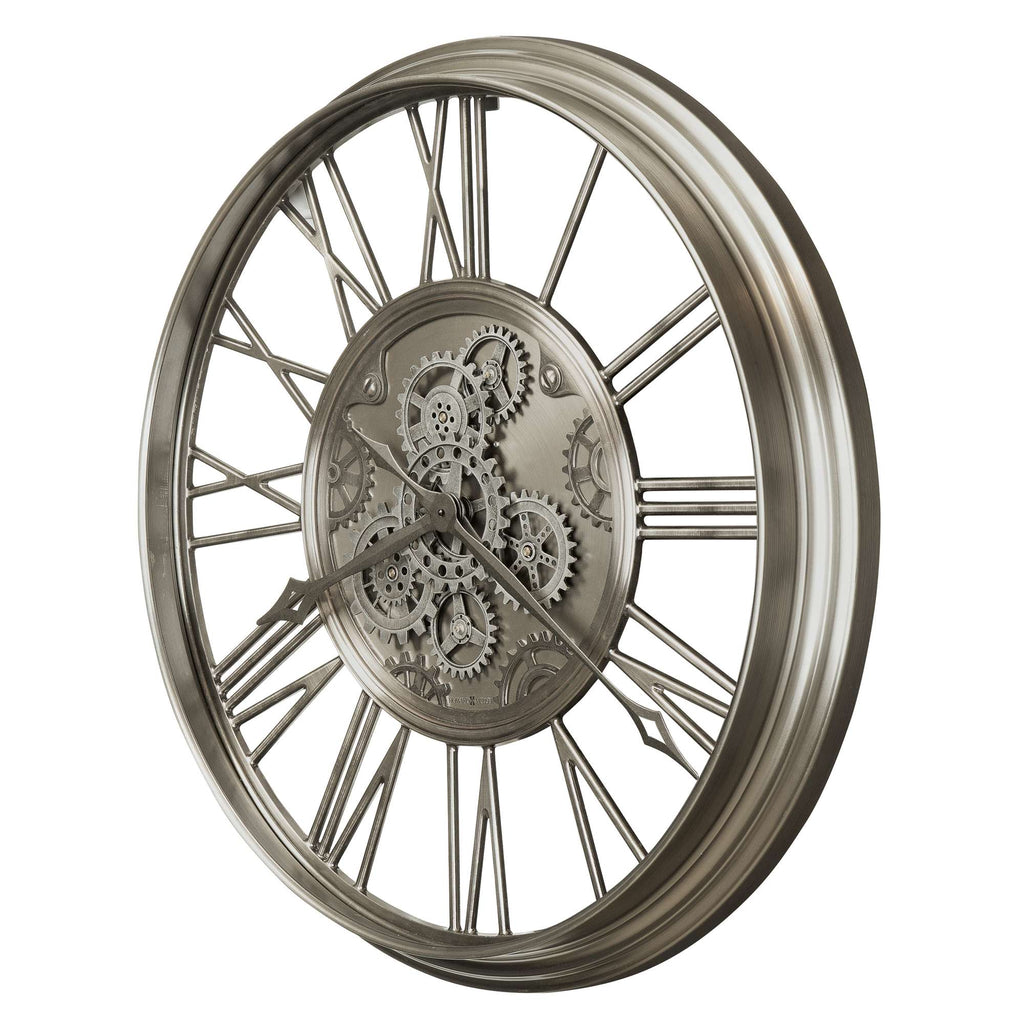 A decorative wall clock with a gear motif and Roman numerals.