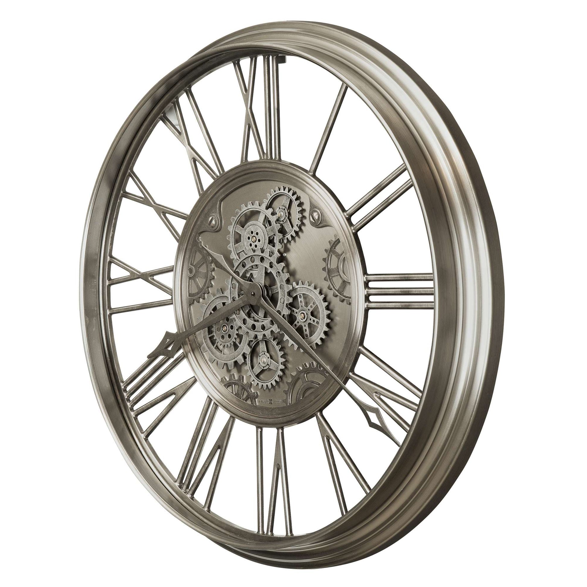 A decorative wall clock with a gear motif and Roman numerals.