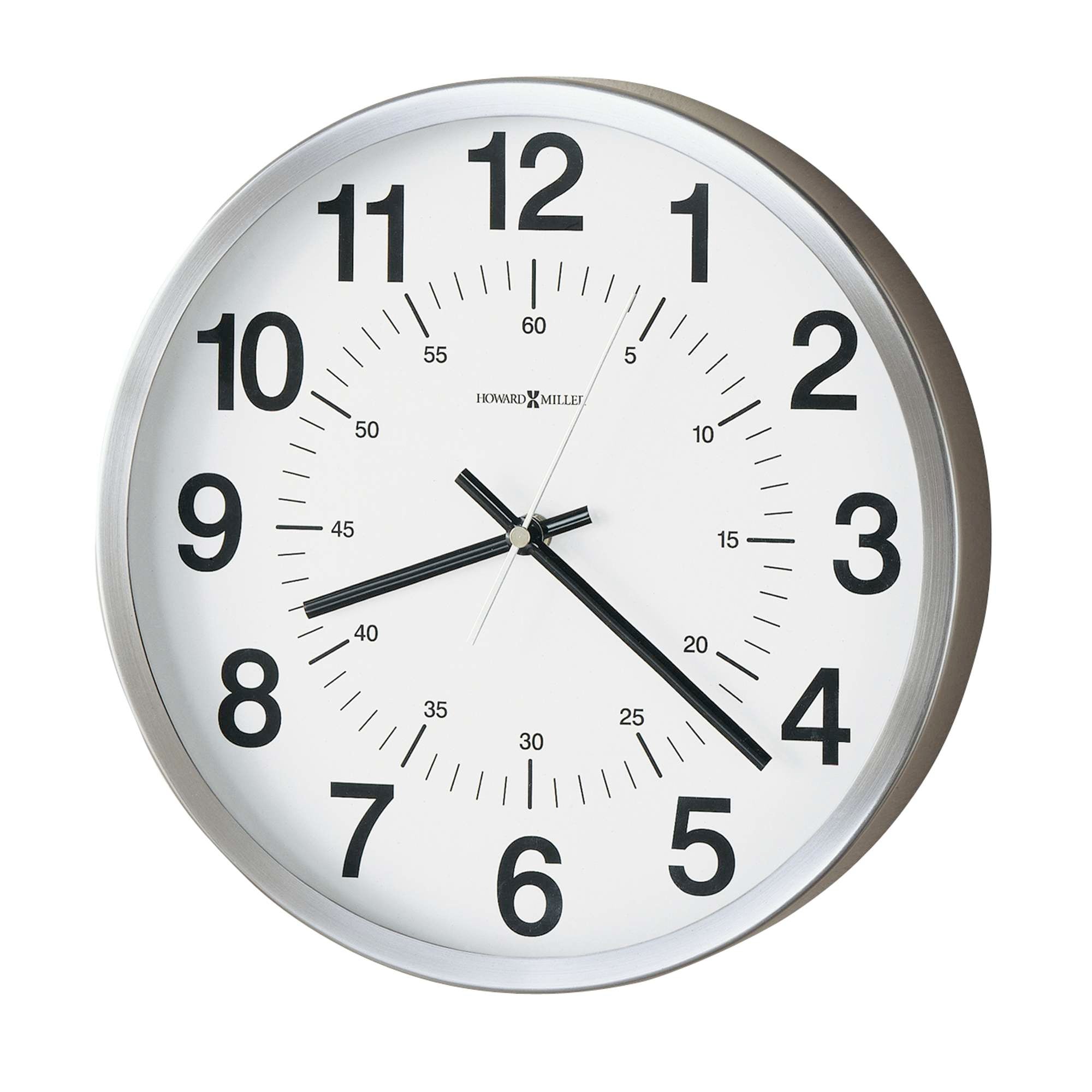 A round wall clock with black numbers and hands on a white face