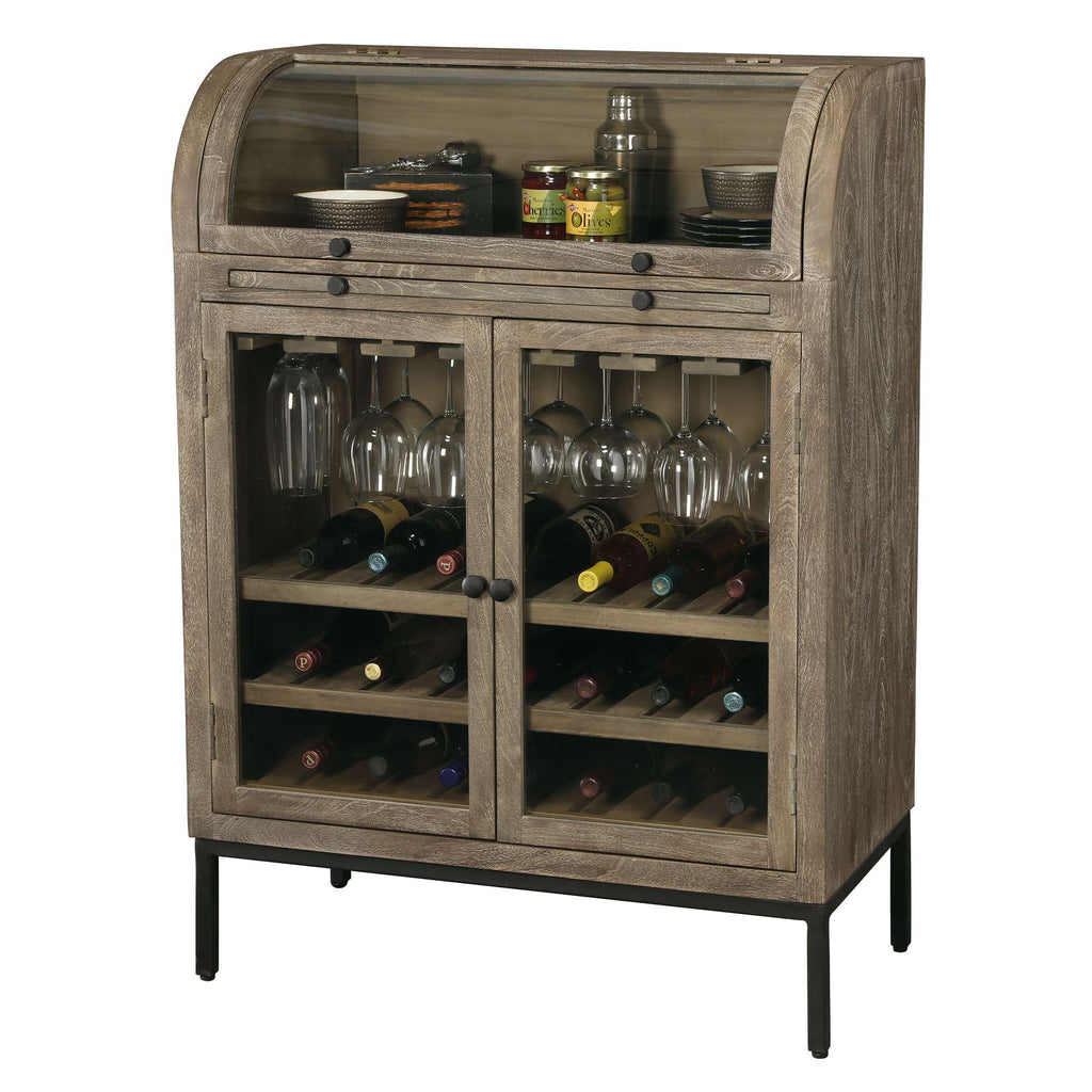 A wooden wine cabinet with glass doors displaying wine bottles and glasses
