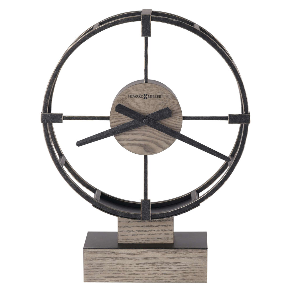 Modern circular clock with a wooden and metal design.