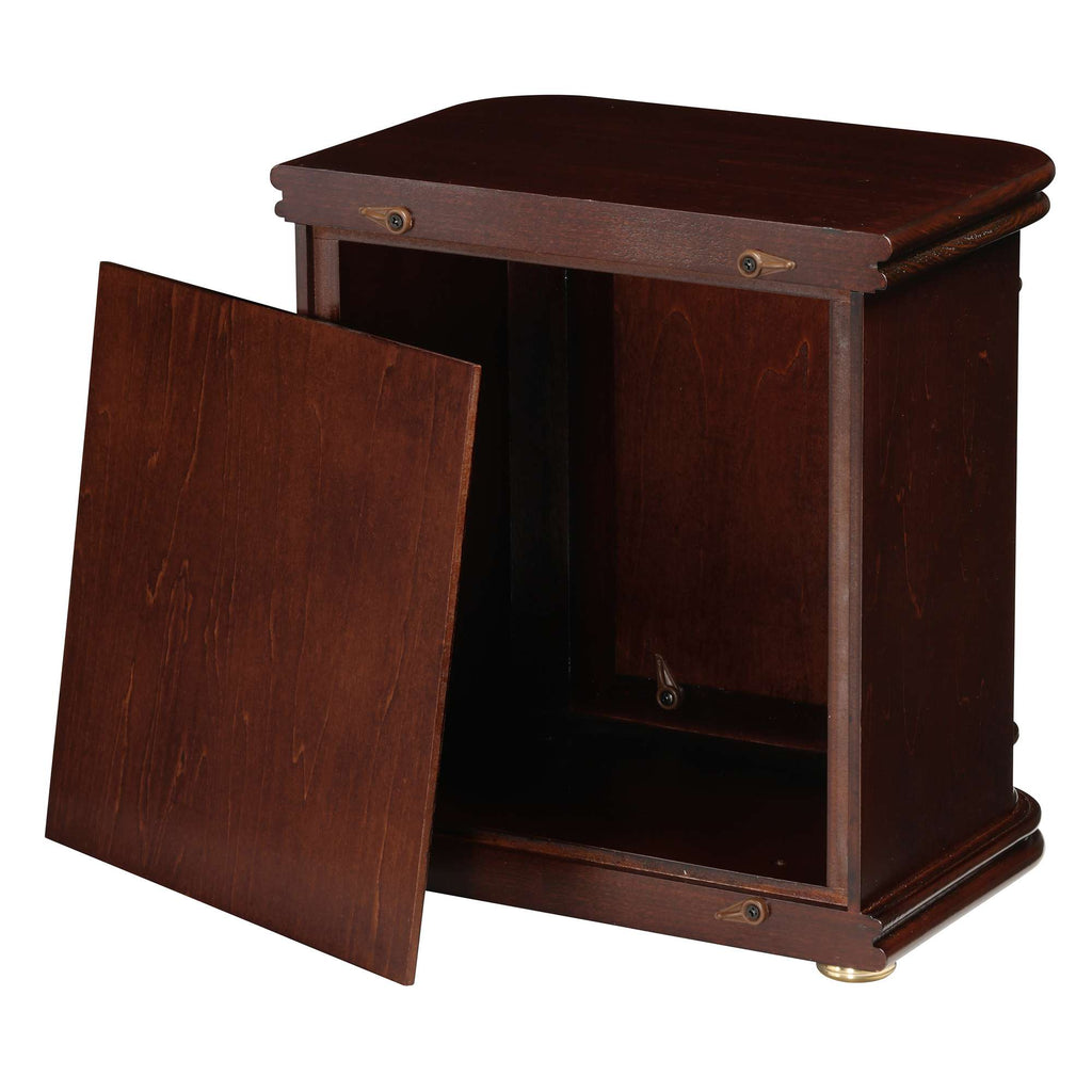A small wooden cabinet with a dark finish and an open door.