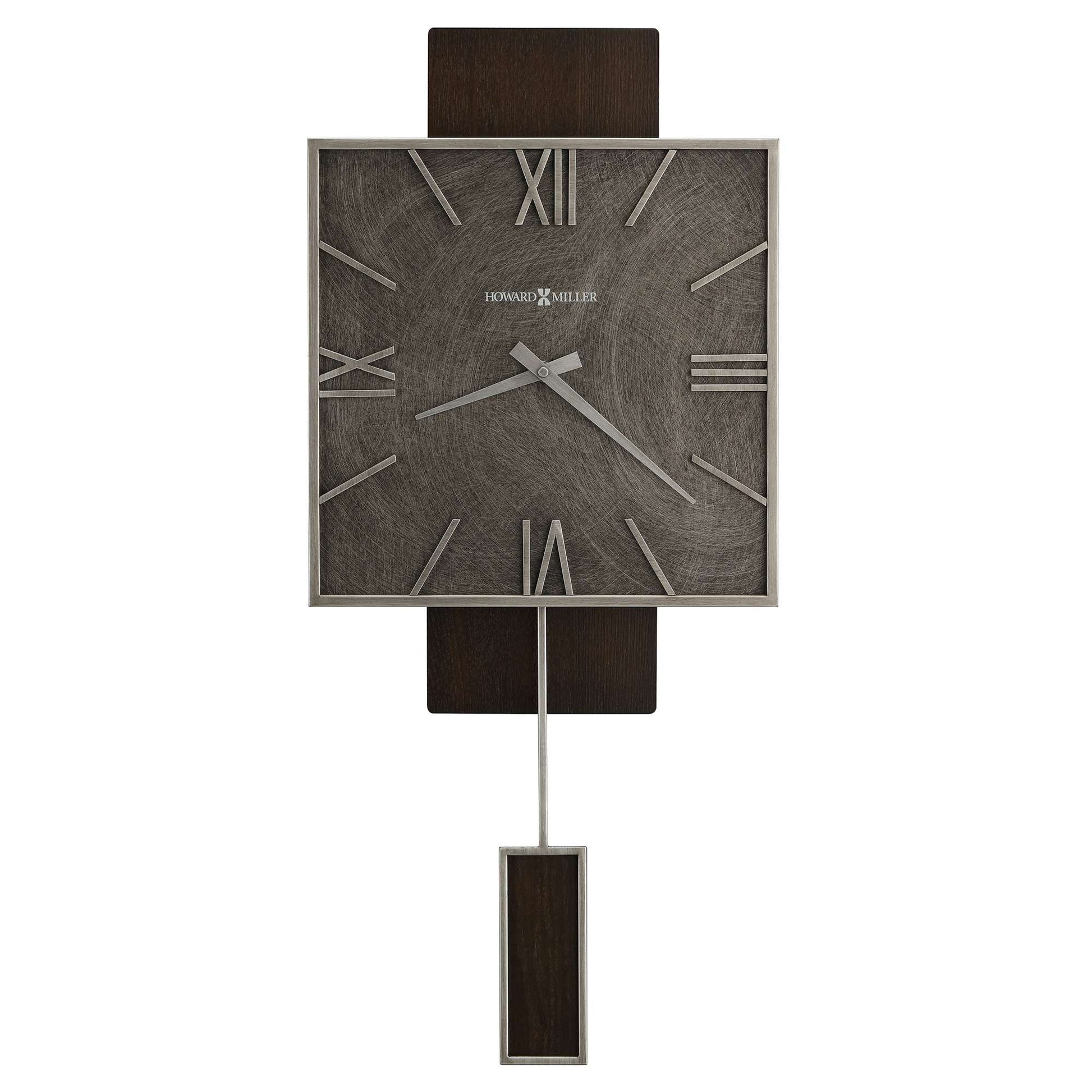 Square wall clock with Roman numerals and a wooden accent