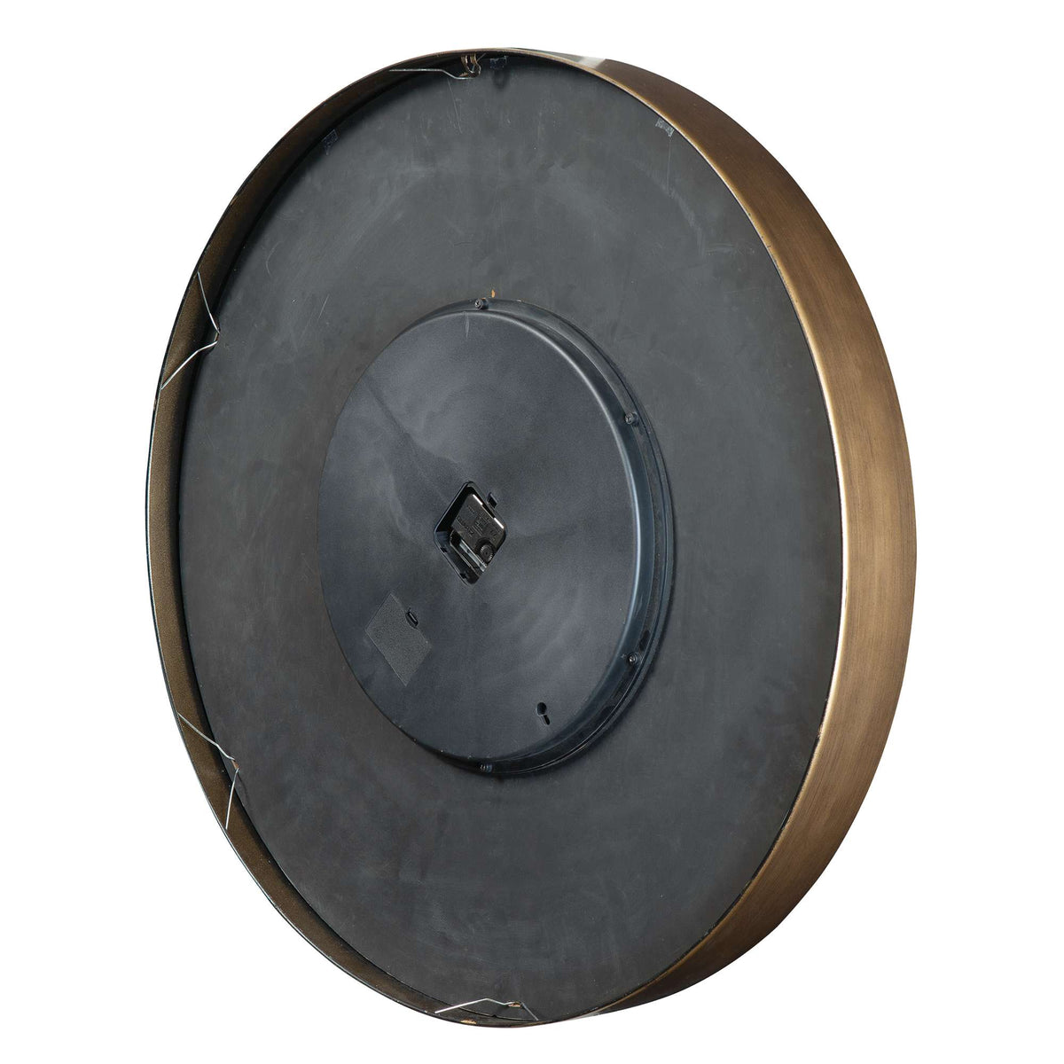 Back view of a round wall mirror with a bronze frame.