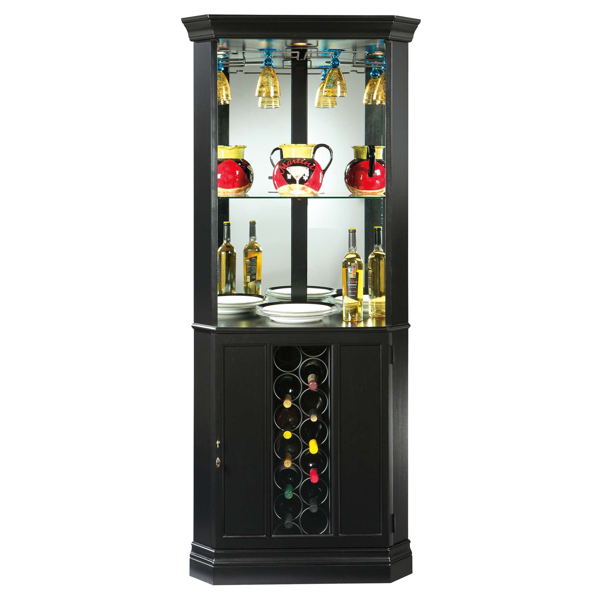 A tall black bar cabinet with glass doors, displaying wine bottles, glasses, and decorative items.