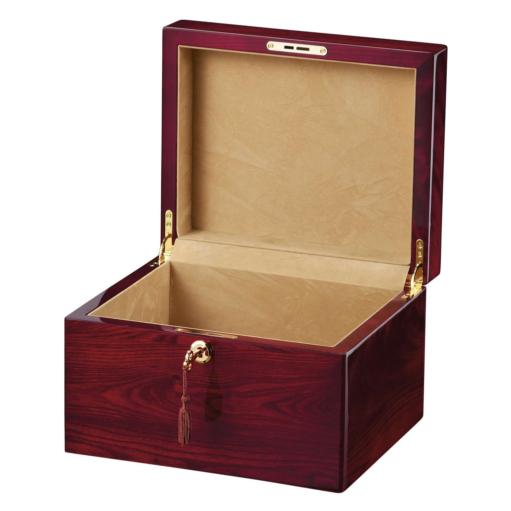An open wooden jewelry box with a rich reddish-brown finish and gold accents.