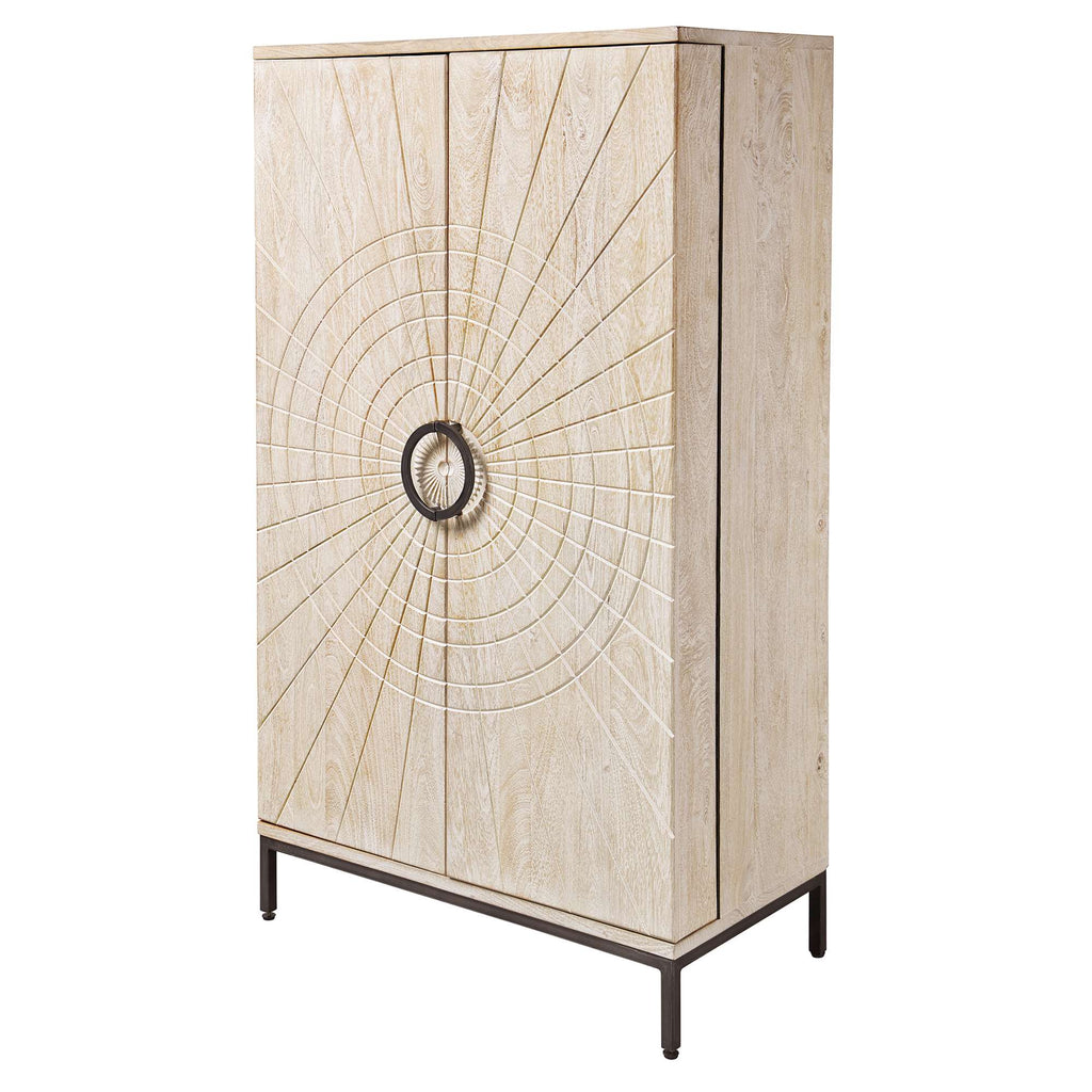Stylish cabinet with a sunburst design and circular handle