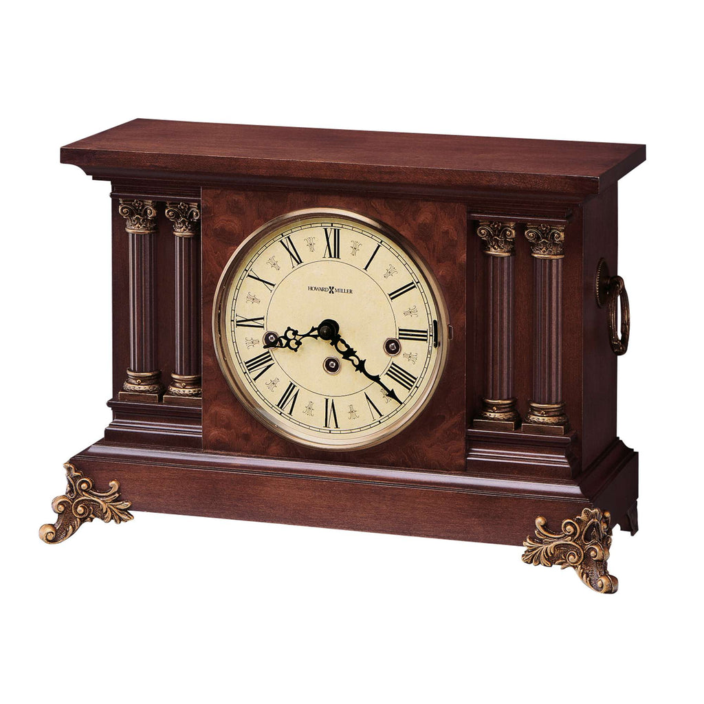 Vintage wooden mantel clock with a round face and Roman numerals