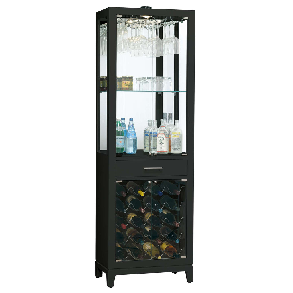 A sleek black bar cabinet with glass shelves displaying drinkware and assorted bottles, plus a lower section for storing wine bottles.
