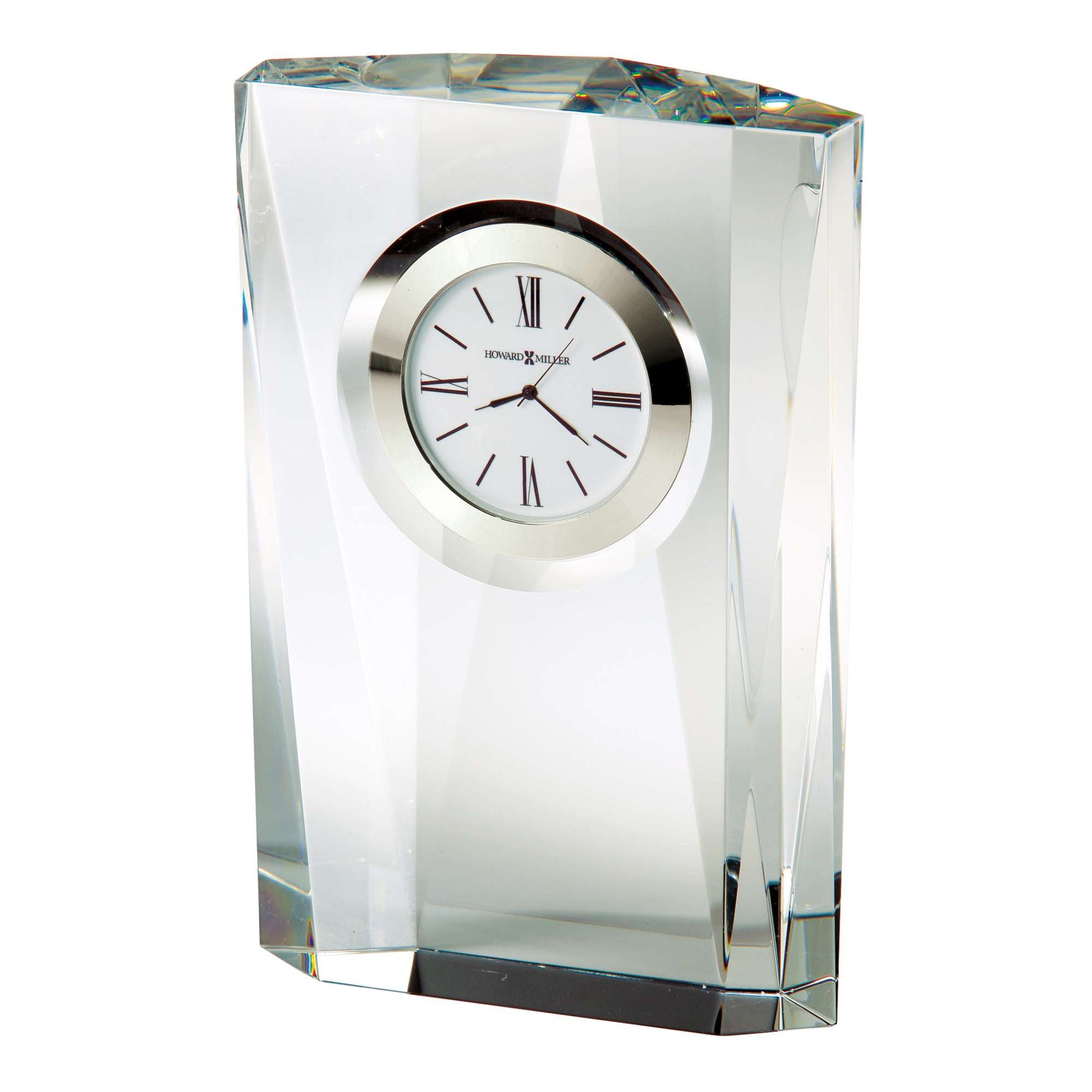 Elegant crystal clock with a circular dial and Roman numerals