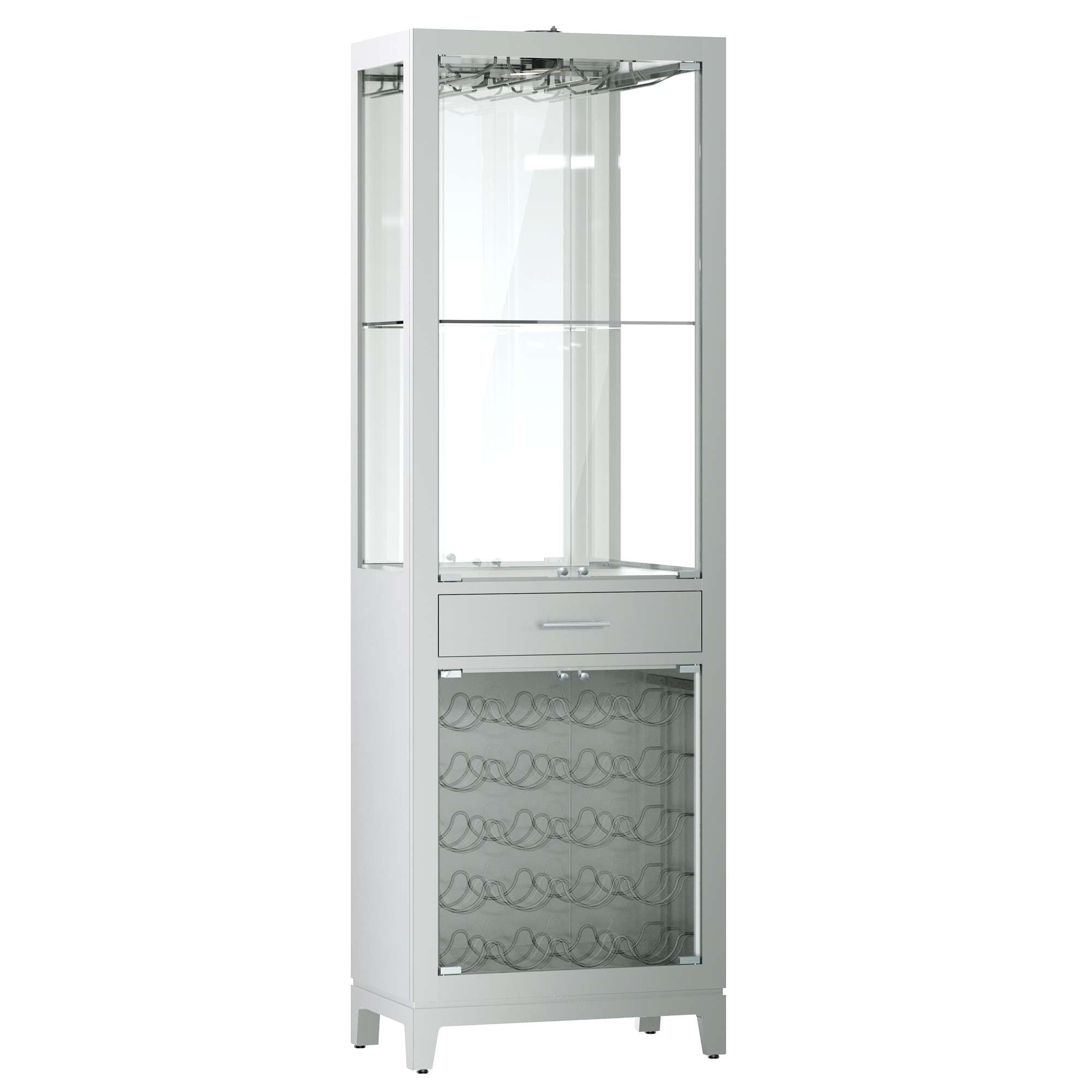 Tall white display cabinet with glass doors and a drawer