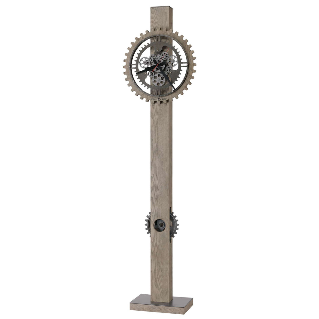 Tall wooden clock with gears and a simple design