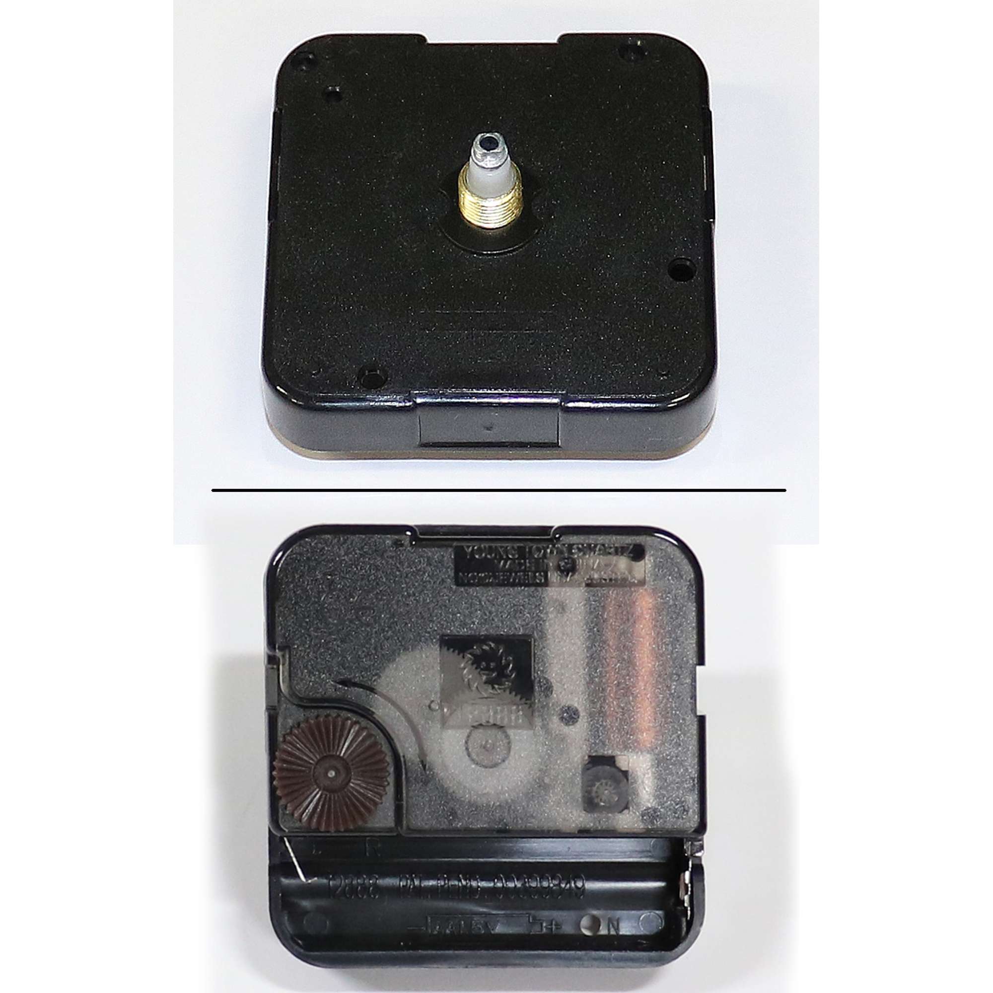 Top and bottom views of a black clock mechanism.