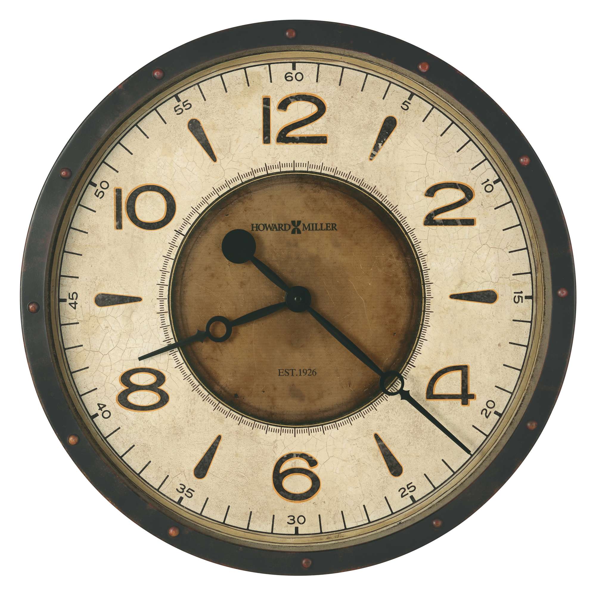 Vintage wall clock with a weathered face and black frame.