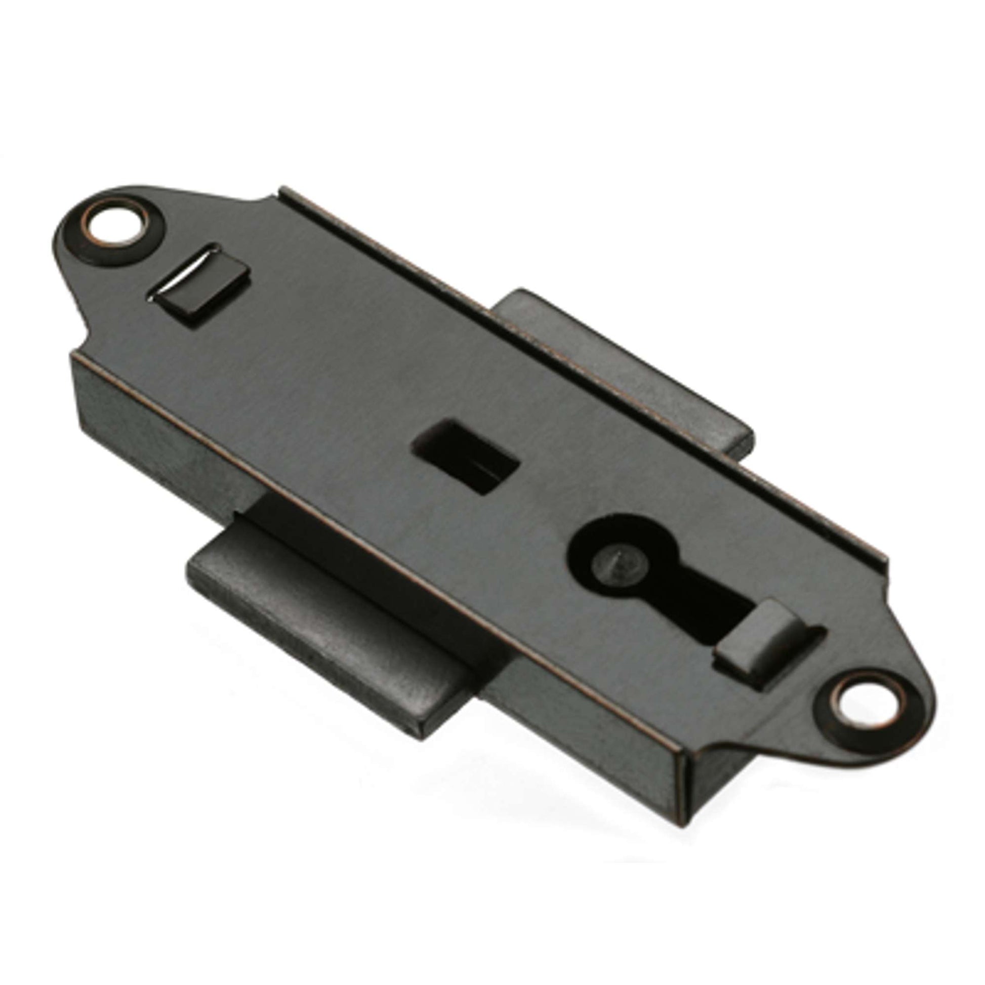 A black metal latch or lock component with a rectangular shape and mounting holes.