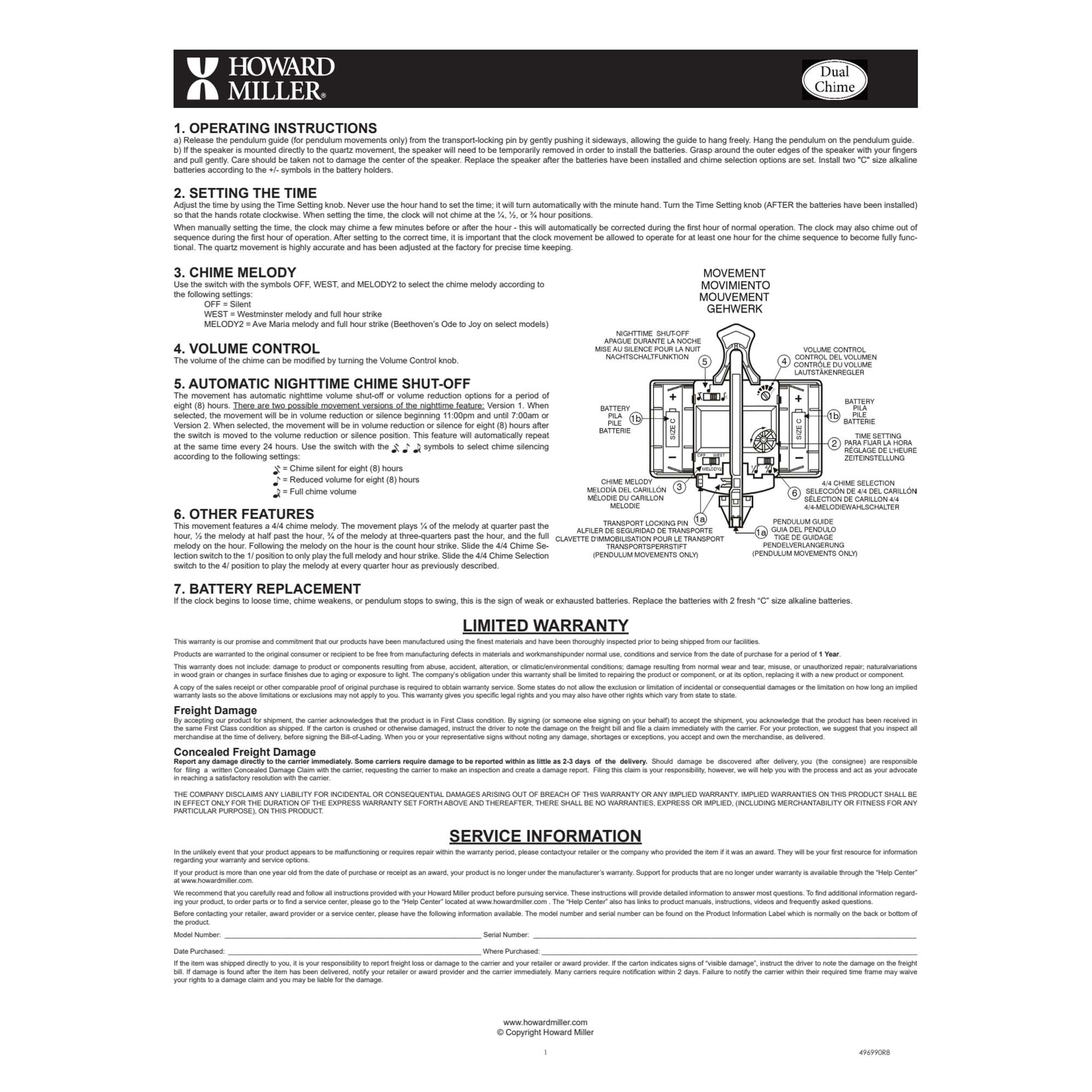 Instruction manual for Howard Miller clock, including operating instructions and warranty information.