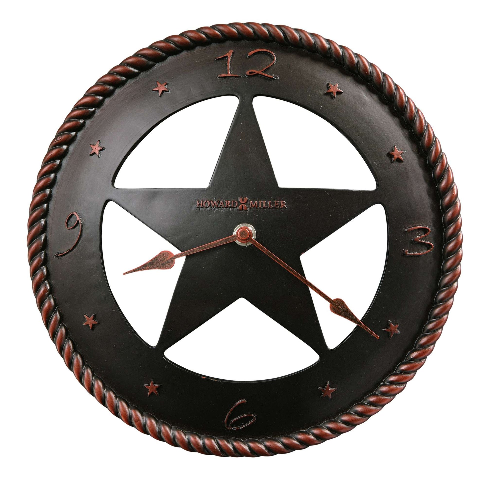 A round wall clock with a black star design and rope detailing, featuring copper-colored hands.