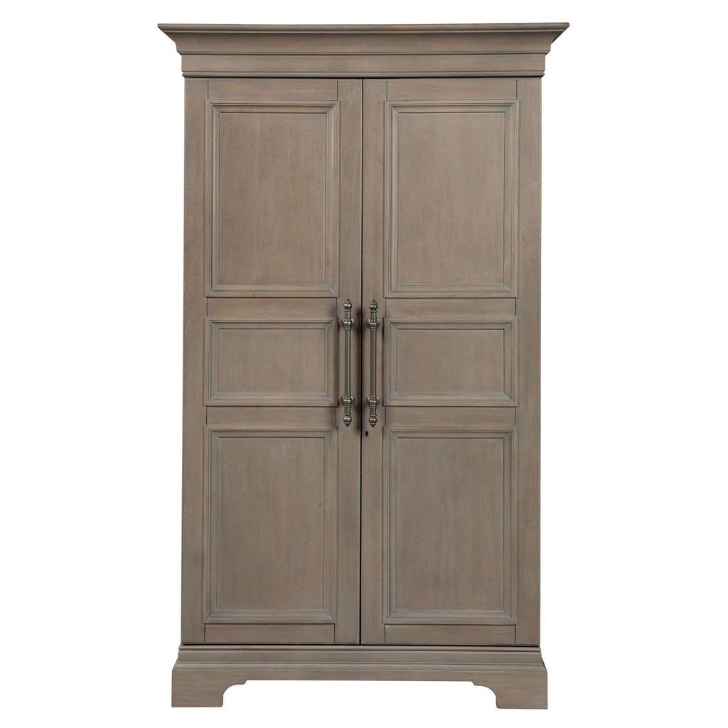 Wooden armoire with double doors and decorative paneling